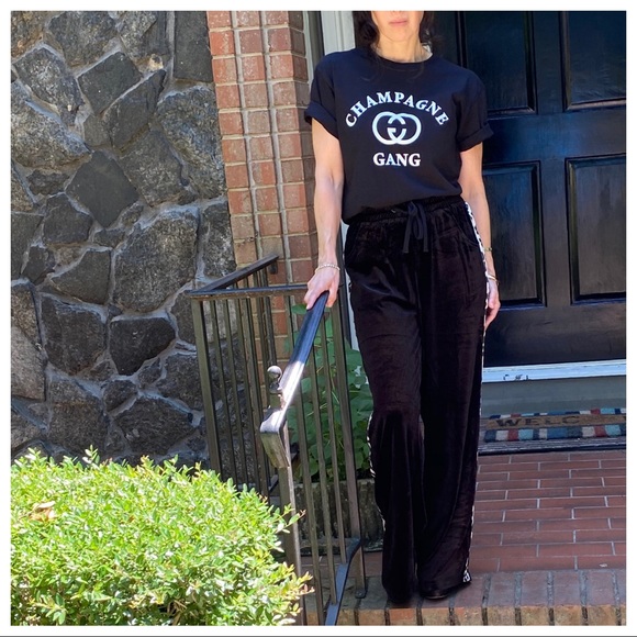 BLACK VELVET WIDE LEG PANTS W/LEOPARD SIDE TRIM - Picture 12 of 16